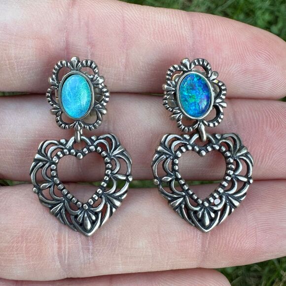Carolyn Pollack 925 Sterling Silver Opal Heart Earrings, Filigree Dangles Relios - Picture 4 of 10